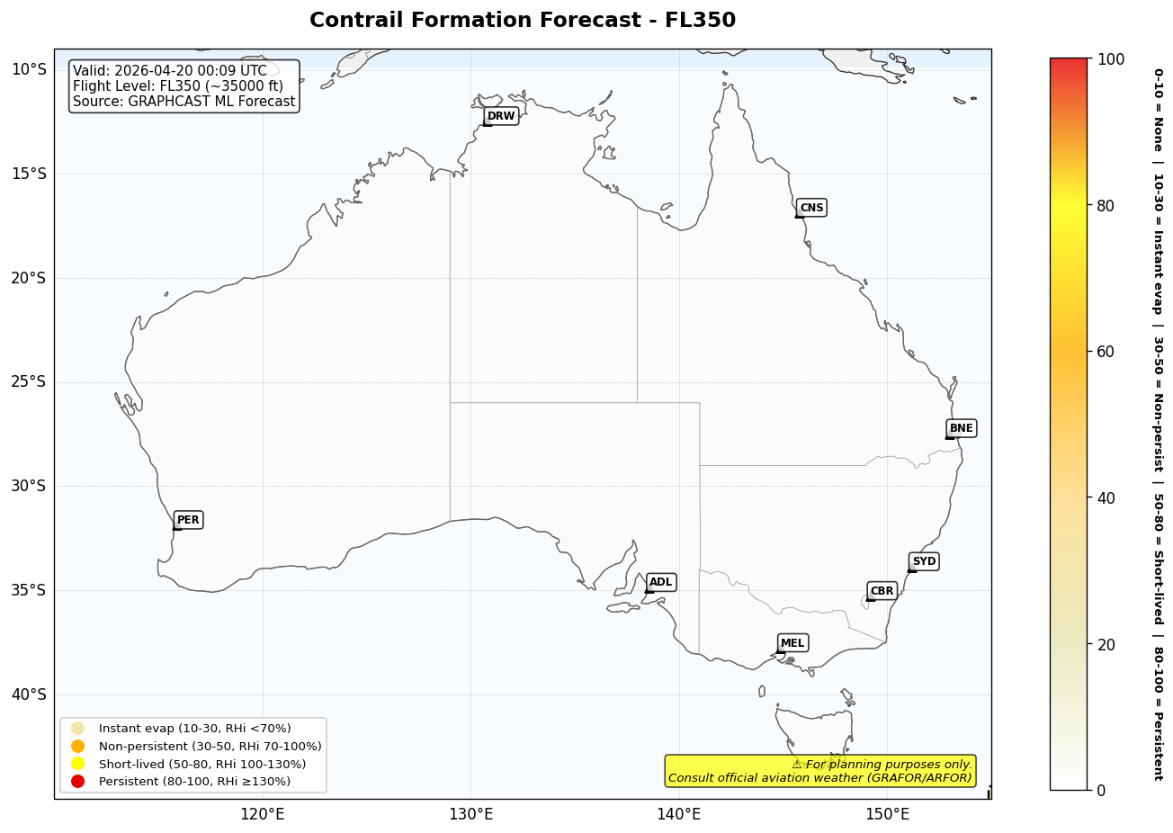 Contrail forecast for FL350 at 2026-04-20 00:09 UTC