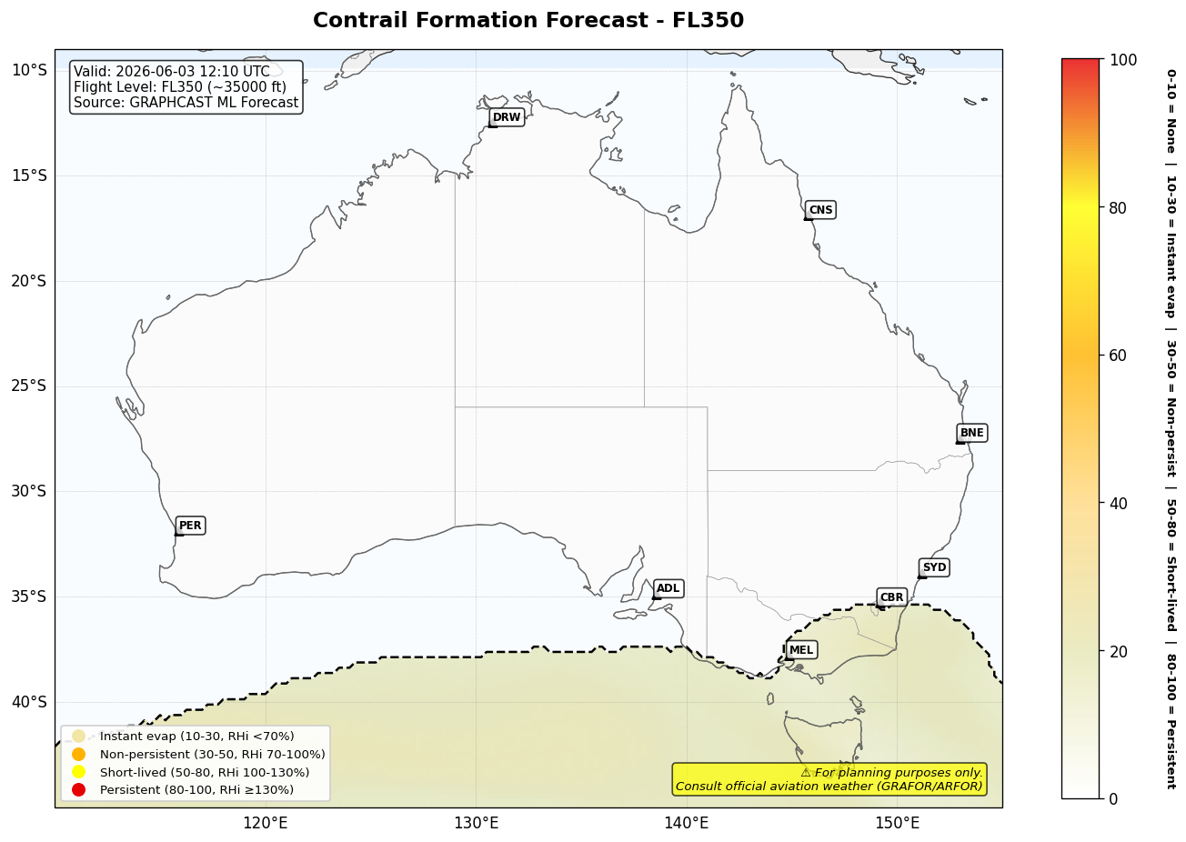 Contrail forecast for FL350 at 2026-06-03 12:10 UTC