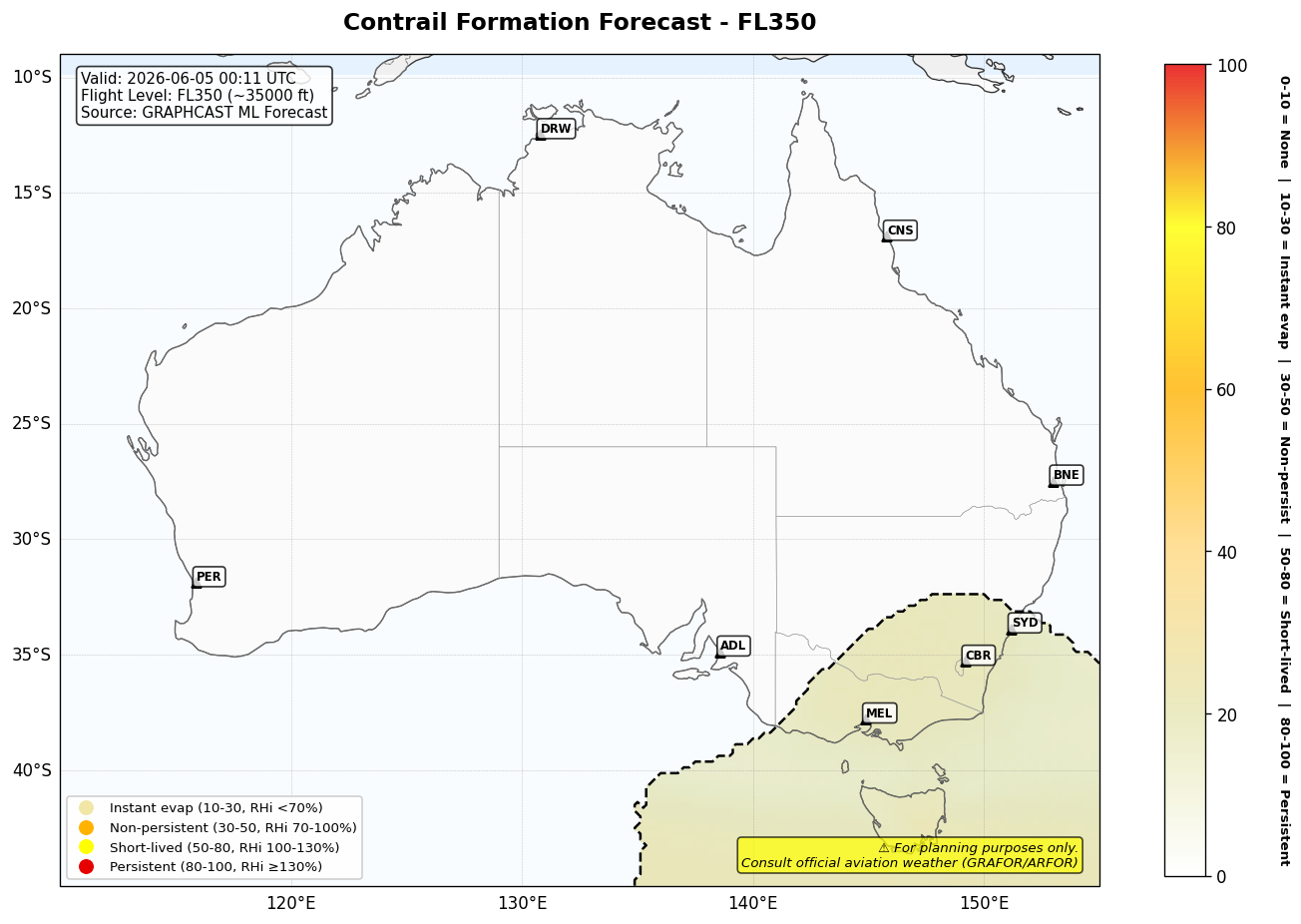 Contrail forecast for FL350 at 2026-06-05 00:11 UTC