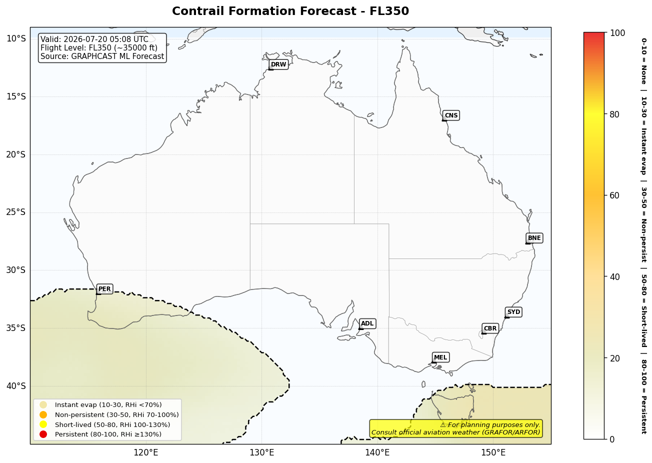 Contrail forecast for FL350 at 2026-07-20 05:08 UTC