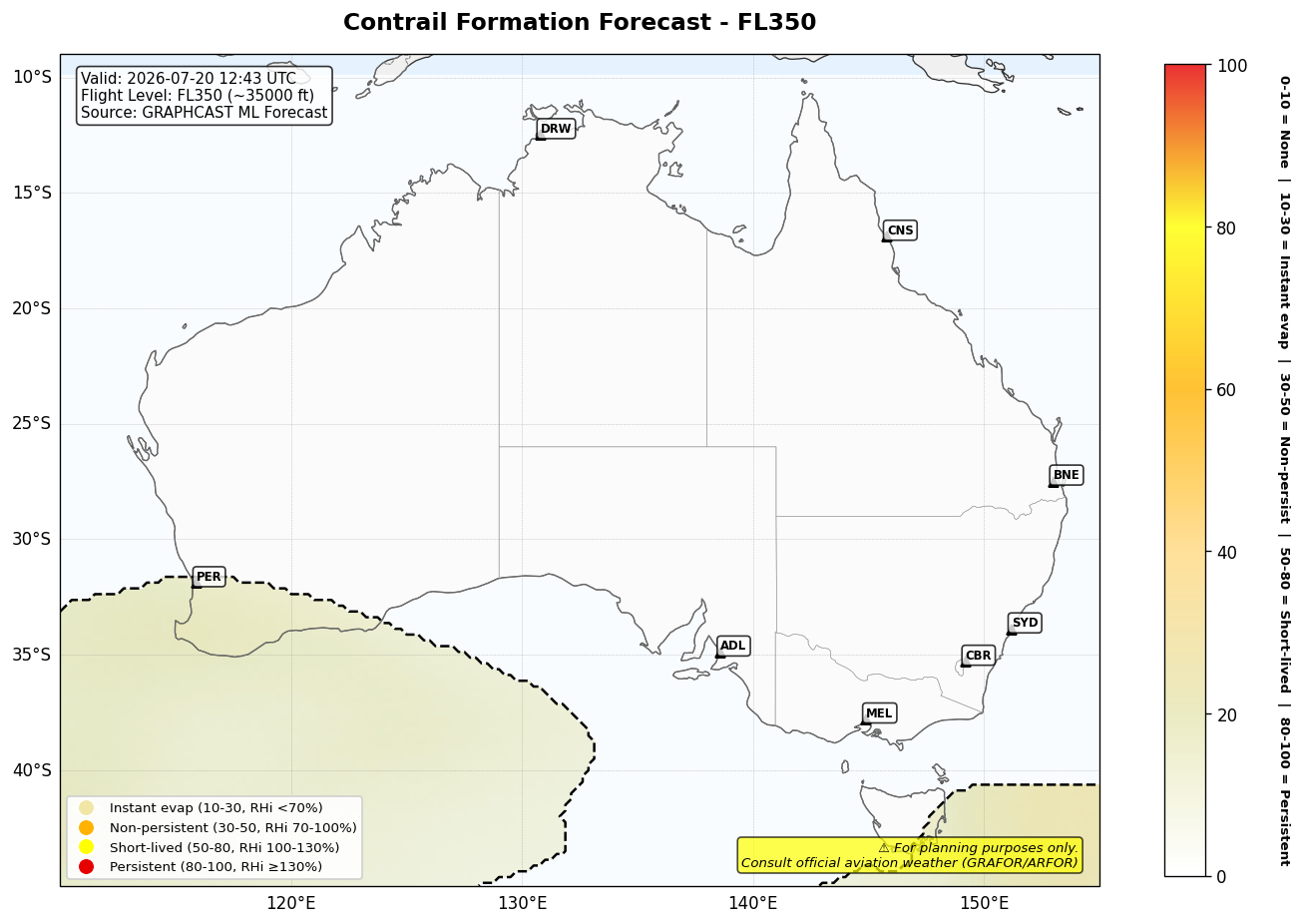 Contrail forecast for FL350 at 2026-07-20 12:43 UTC