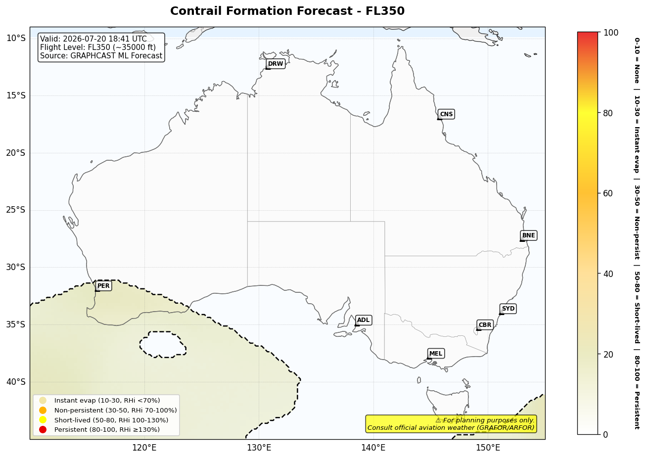 Contrail forecast for FL350 at 2026-07-20 18:41 UTC