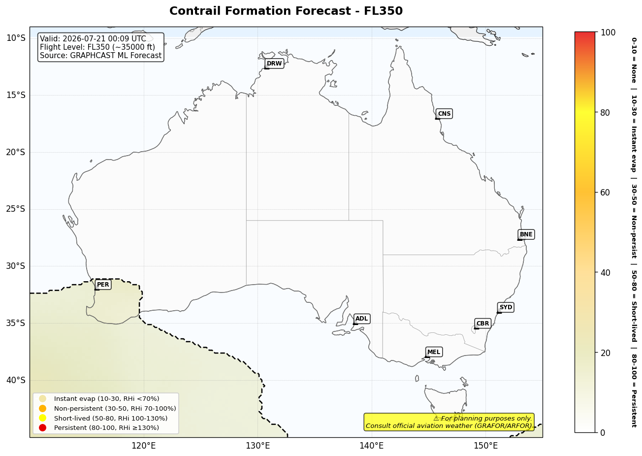 Contrail forecast for FL350 at 2026-07-21 00:09 UTC