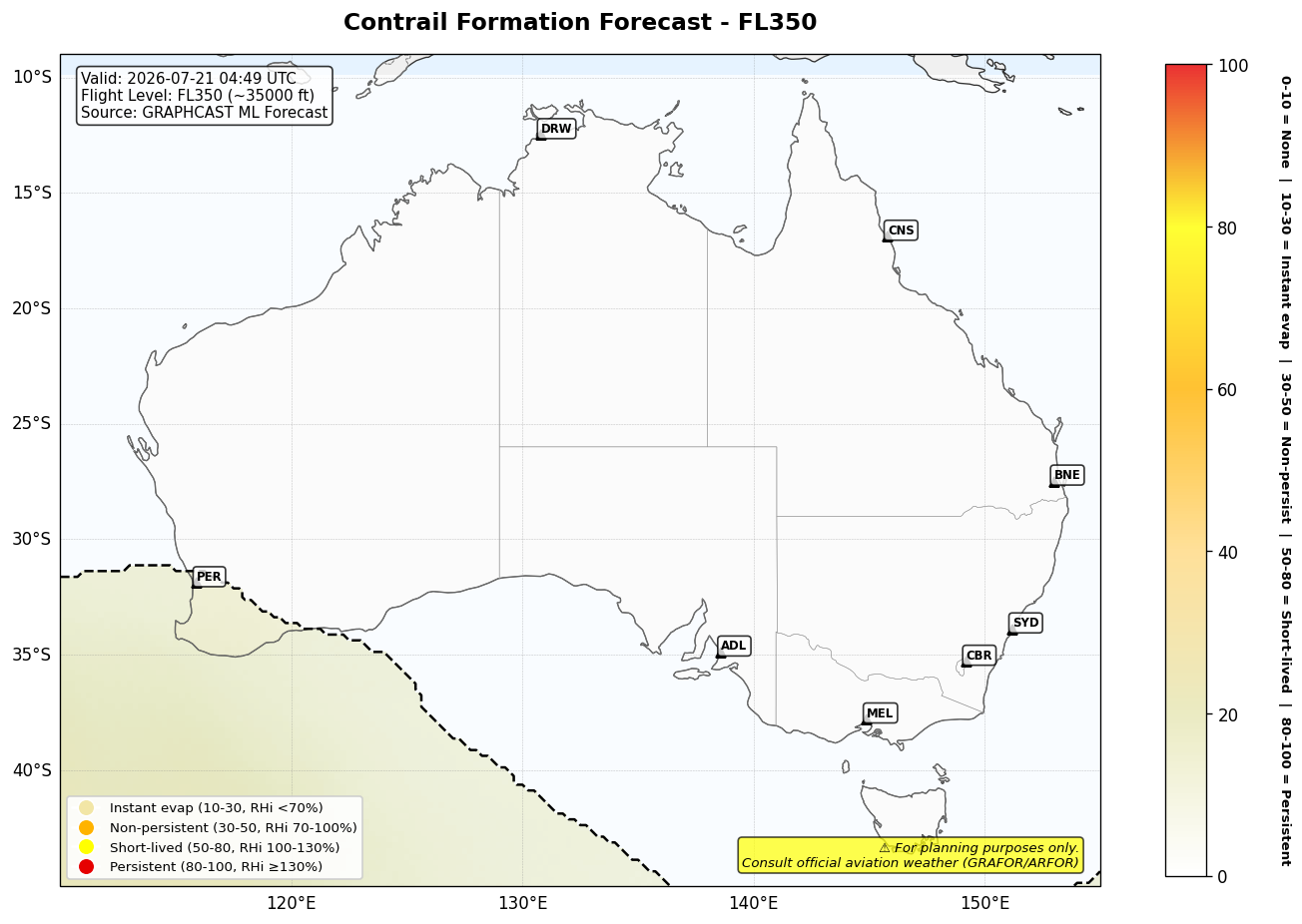Contrail forecast for FL350 at 2026-07-21 04:49 UTC