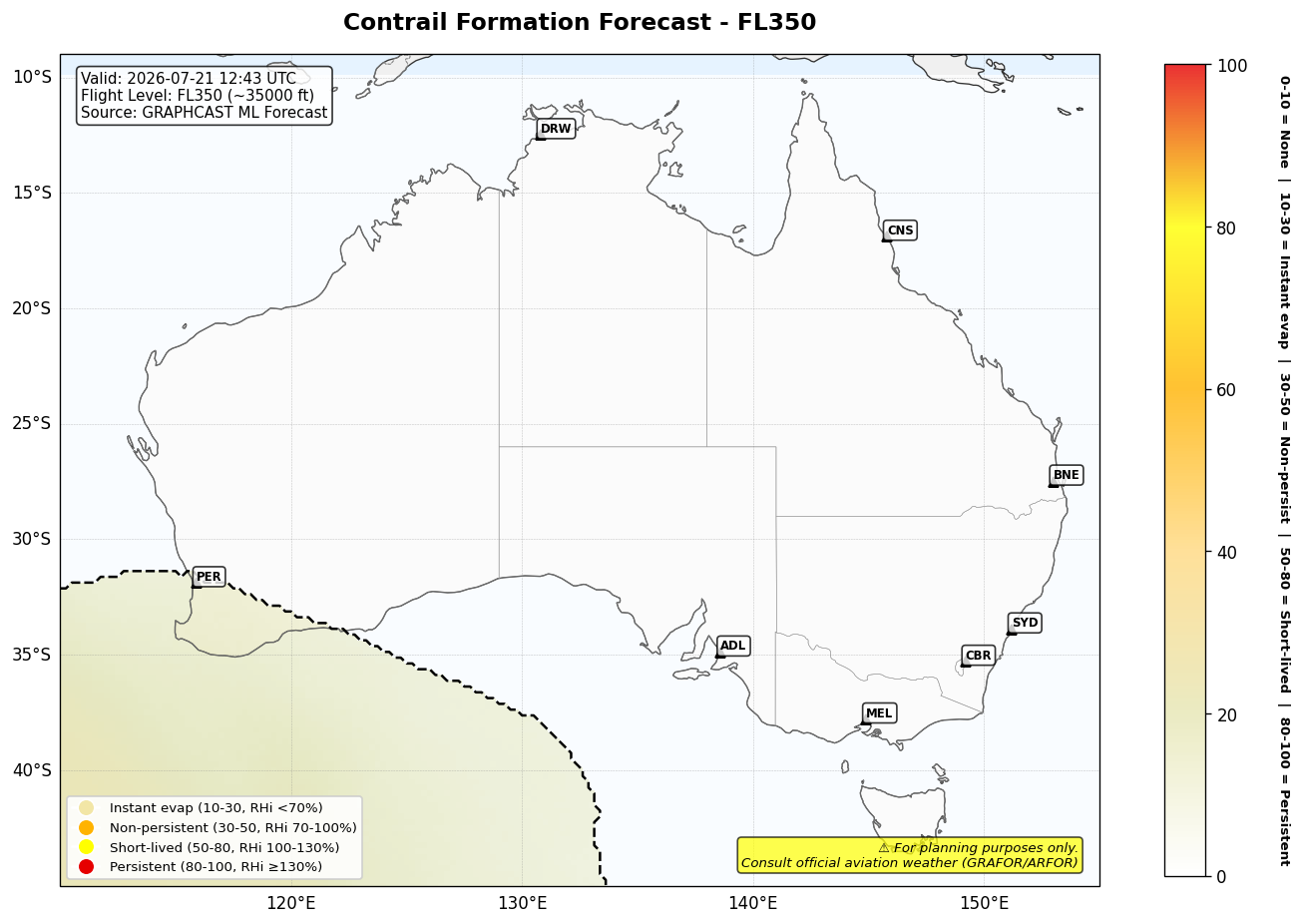 Contrail forecast for FL350 at 2026-07-21 12:43 UTC
