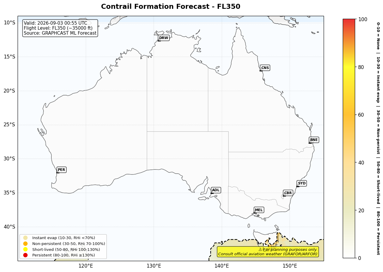 Contrail forecast for FL350 at 2026-09-03 00:55 UTC
