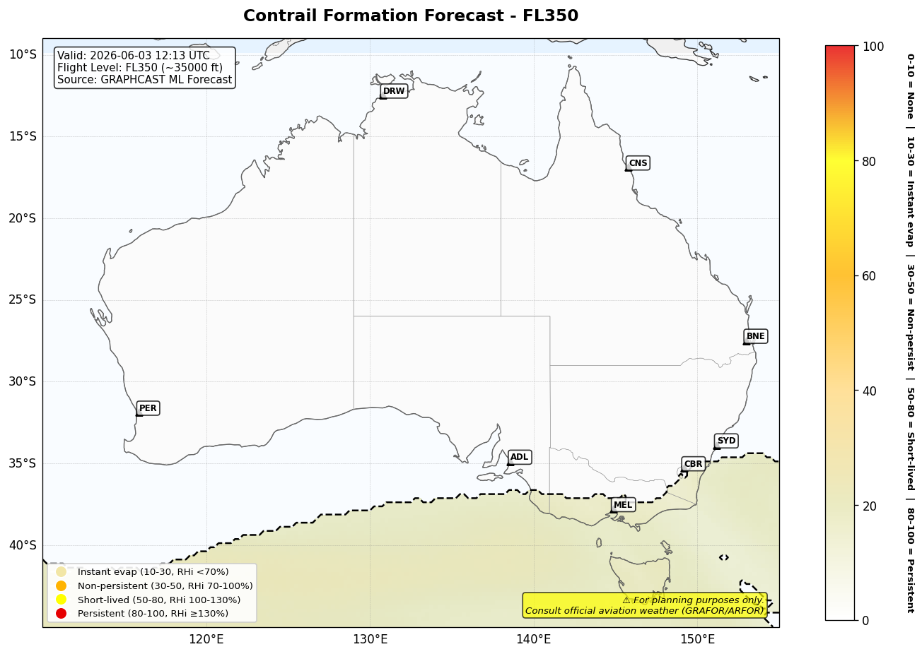 Contrail forecast for FL350 at 2026-06-03 12:13 UTC