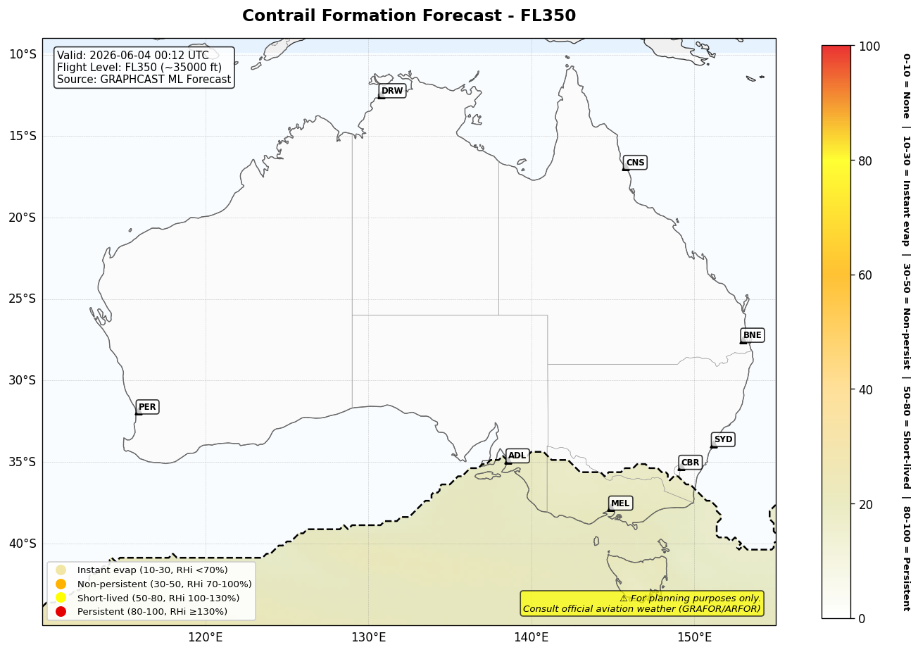 Contrail forecast for FL350 at 2026-06-04 00:12 UTC