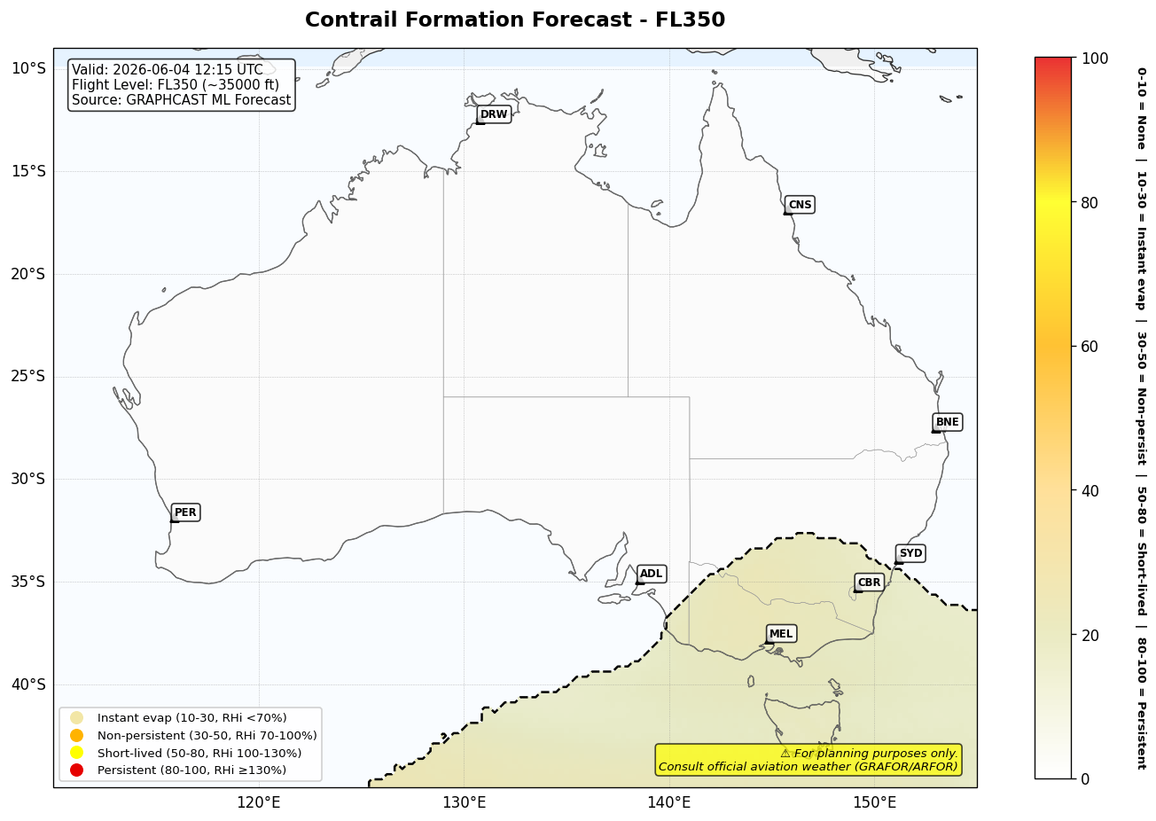 Contrail forecast for FL350 at 2026-06-04 12:15 UTC