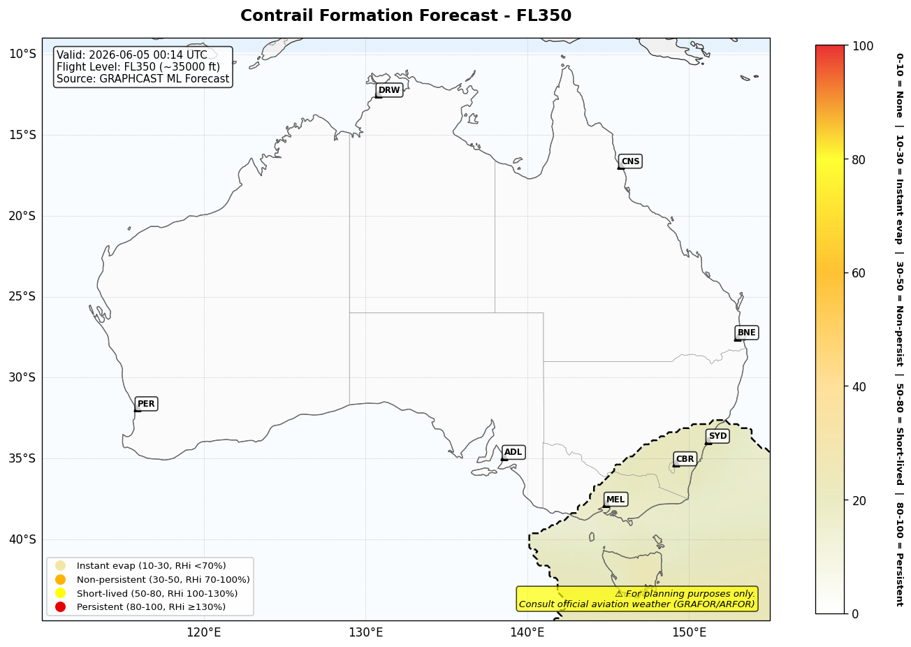 Contrail forecast for FL350 at 2026-06-05 00:14 UTC