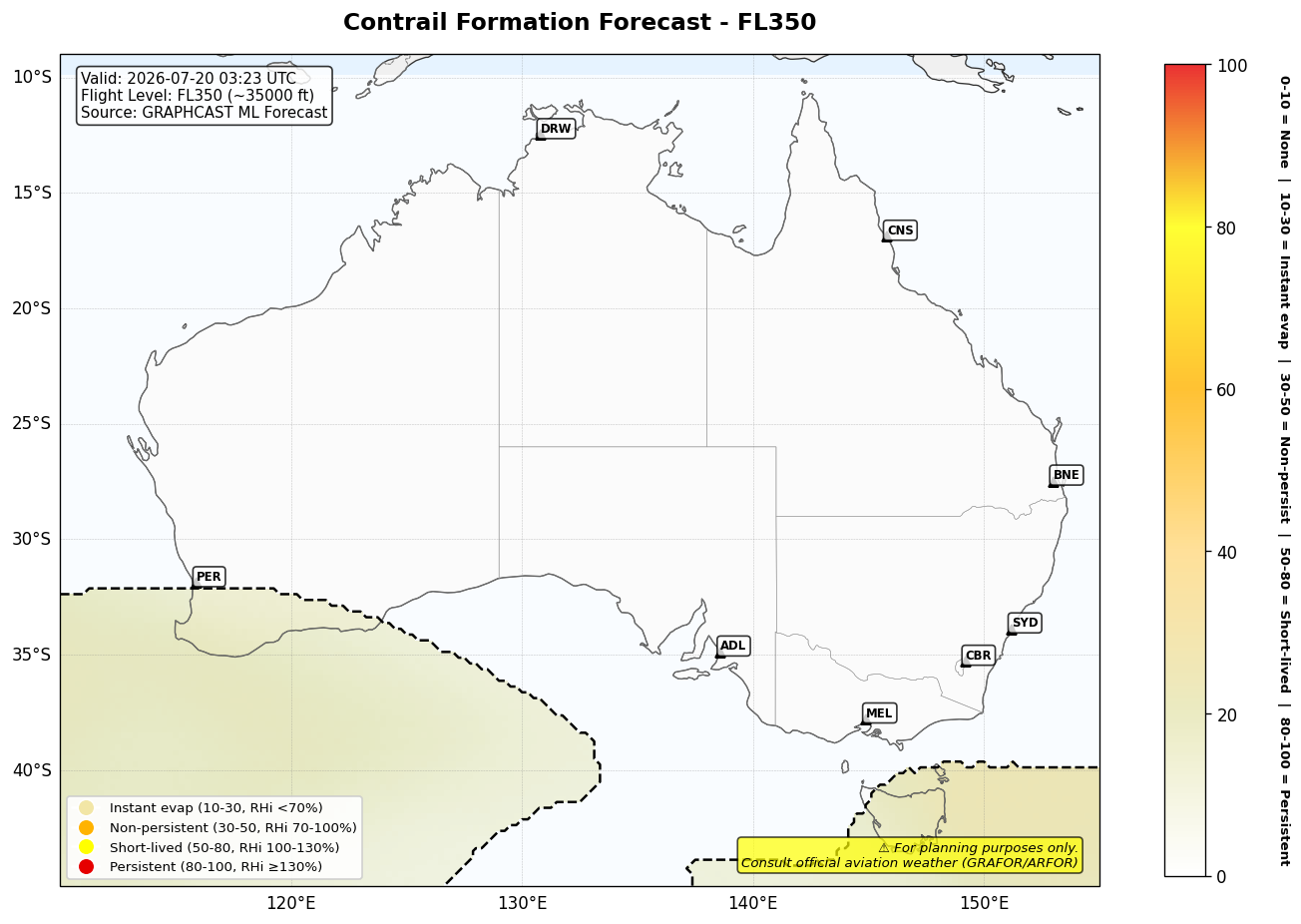 Contrail forecast for FL350 at 2026-07-20 03:23 UTC