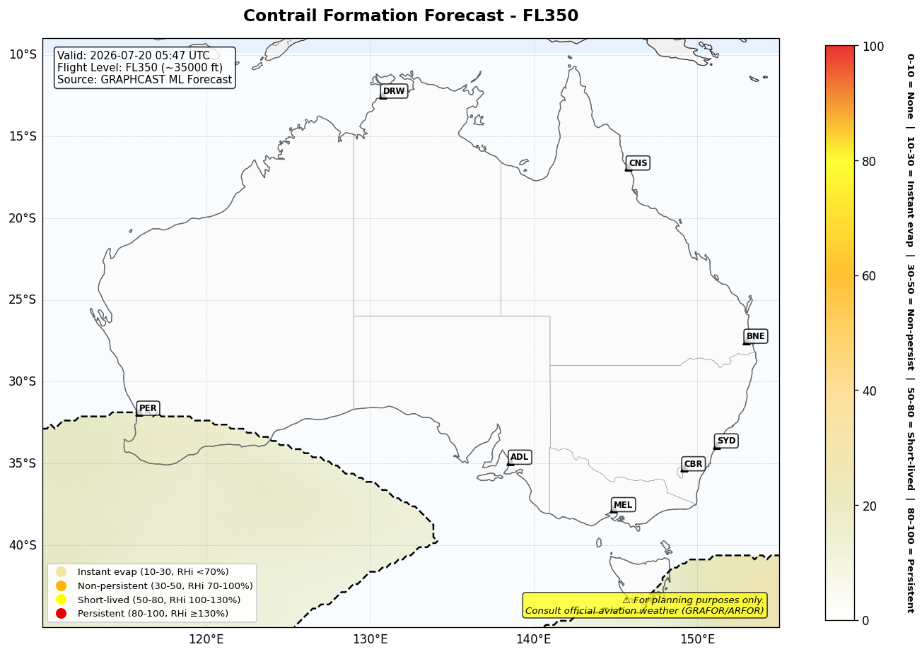 Contrail forecast for FL350 at 2026-07-20 05:47 UTC