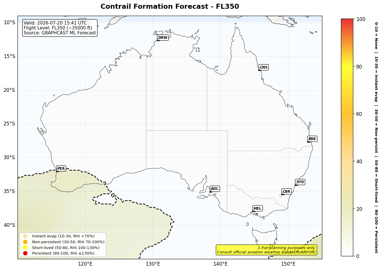 Contrail forecast for FL350 at 2026-07-20 15:41 UTC
