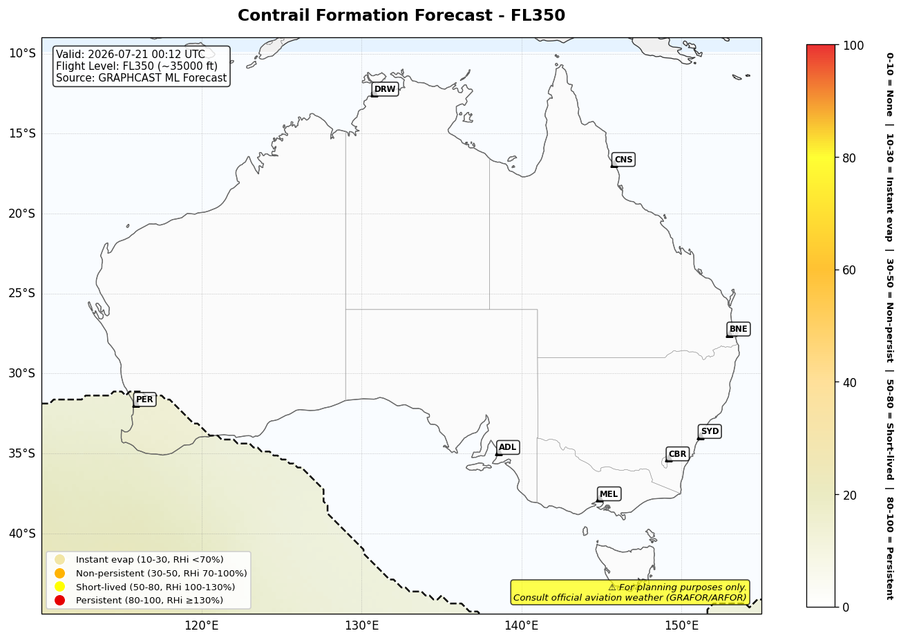 Contrail forecast for FL350 at 2026-07-21 00:12 UTC
