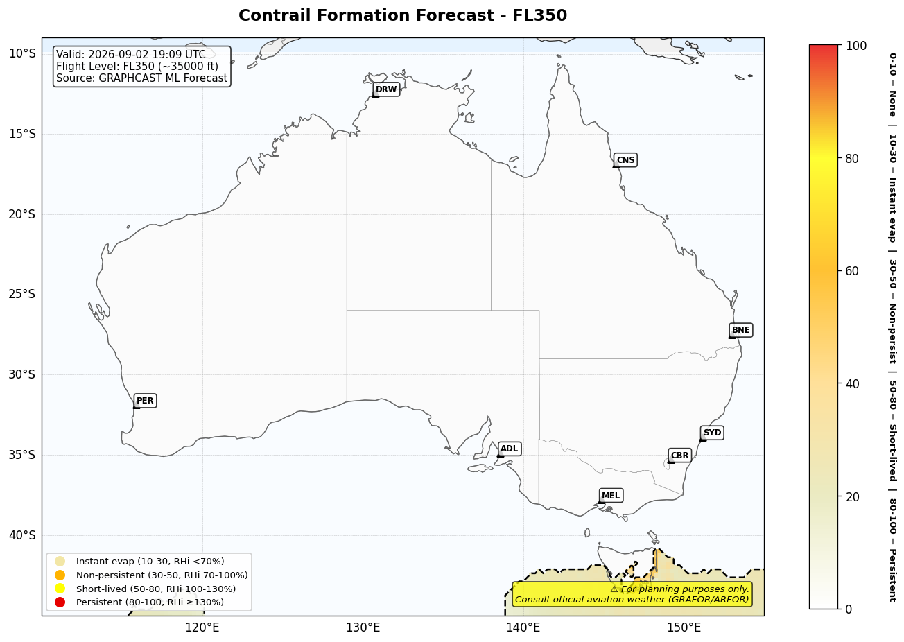 Contrail forecast for FL350 at 2026-09-02 19:09 UTC