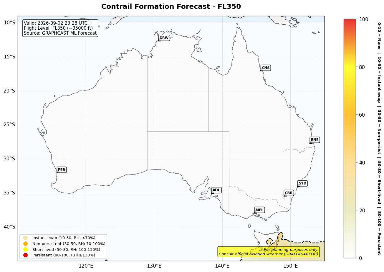 Contrail forecast for FL350 at 2026-09-02 23:28 UTC
