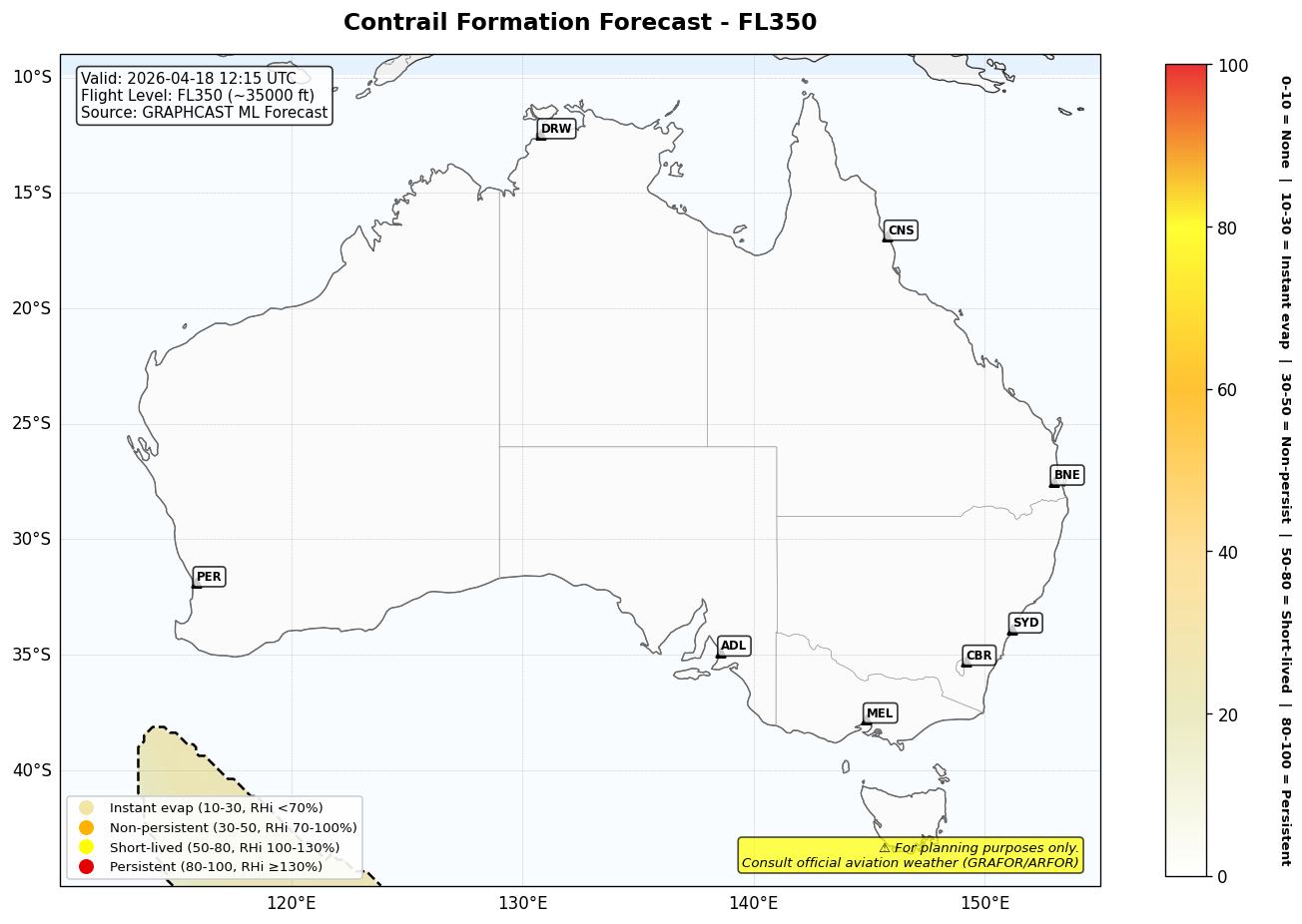 Contrail forecast for FL350 at 2026-04-18 12:15 UTC