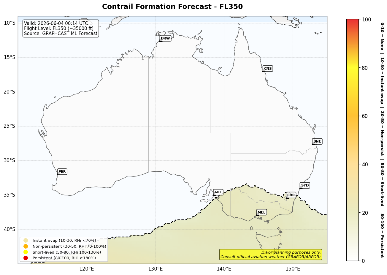 Contrail forecast for FL350 at 2026-06-04 00:14 UTC