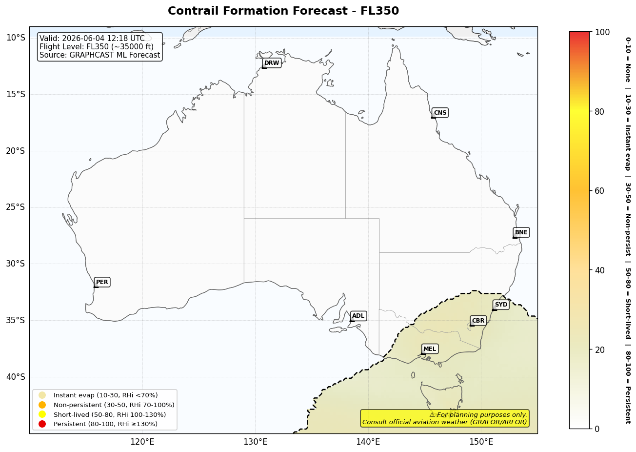 Contrail forecast for FL350 at 2026-06-04 12:18 UTC