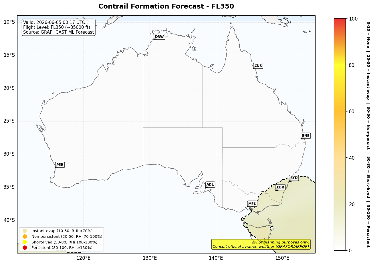 Contrail forecast for FL350 at 2026-06-05 00:17 UTC