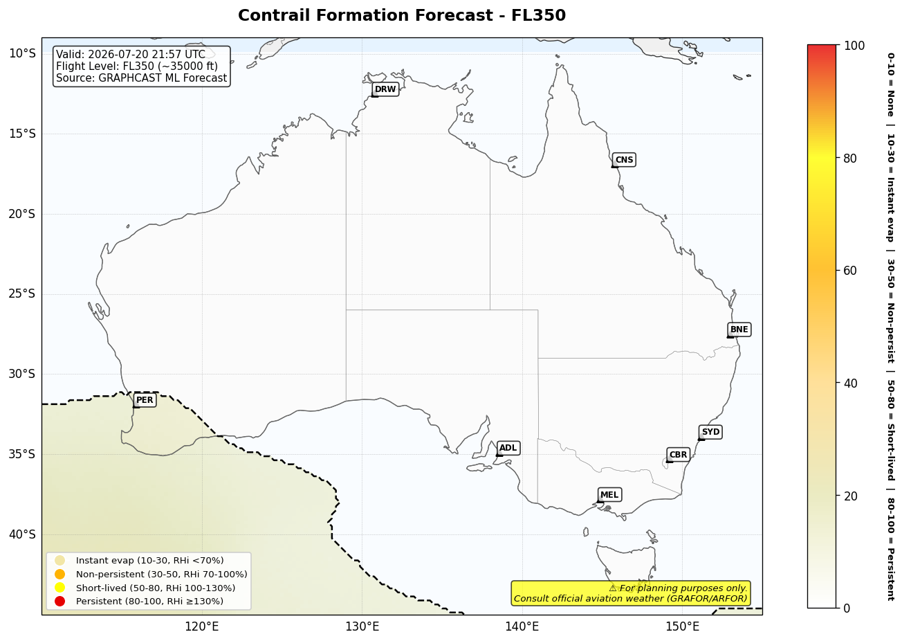 Contrail forecast for FL350 at 2026-07-20 21:57 UTC