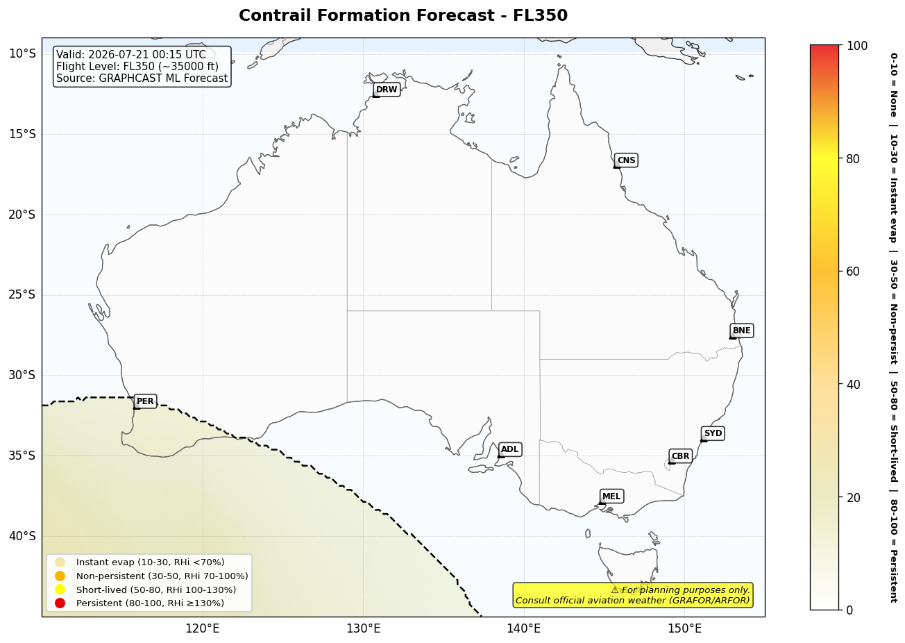 Contrail forecast for FL350 at 2026-07-21 00:15 UTC