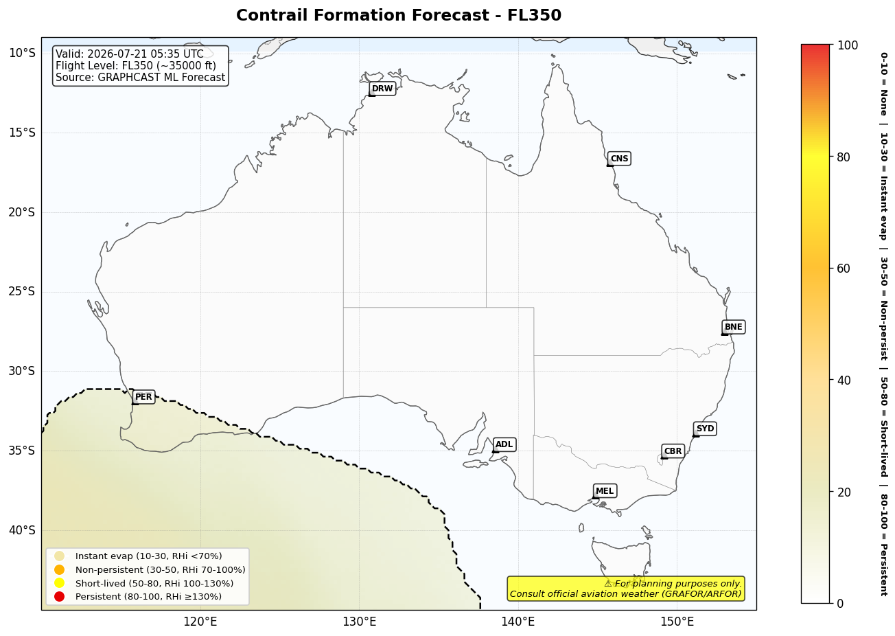 Contrail forecast for FL350 at 2026-07-21 05:35 UTC