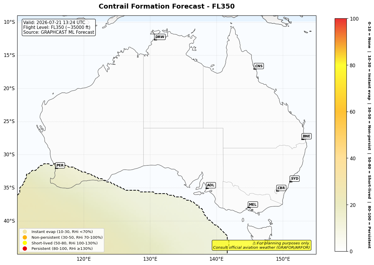 Contrail forecast for FL350 at 2026-07-21 13:24 UTC