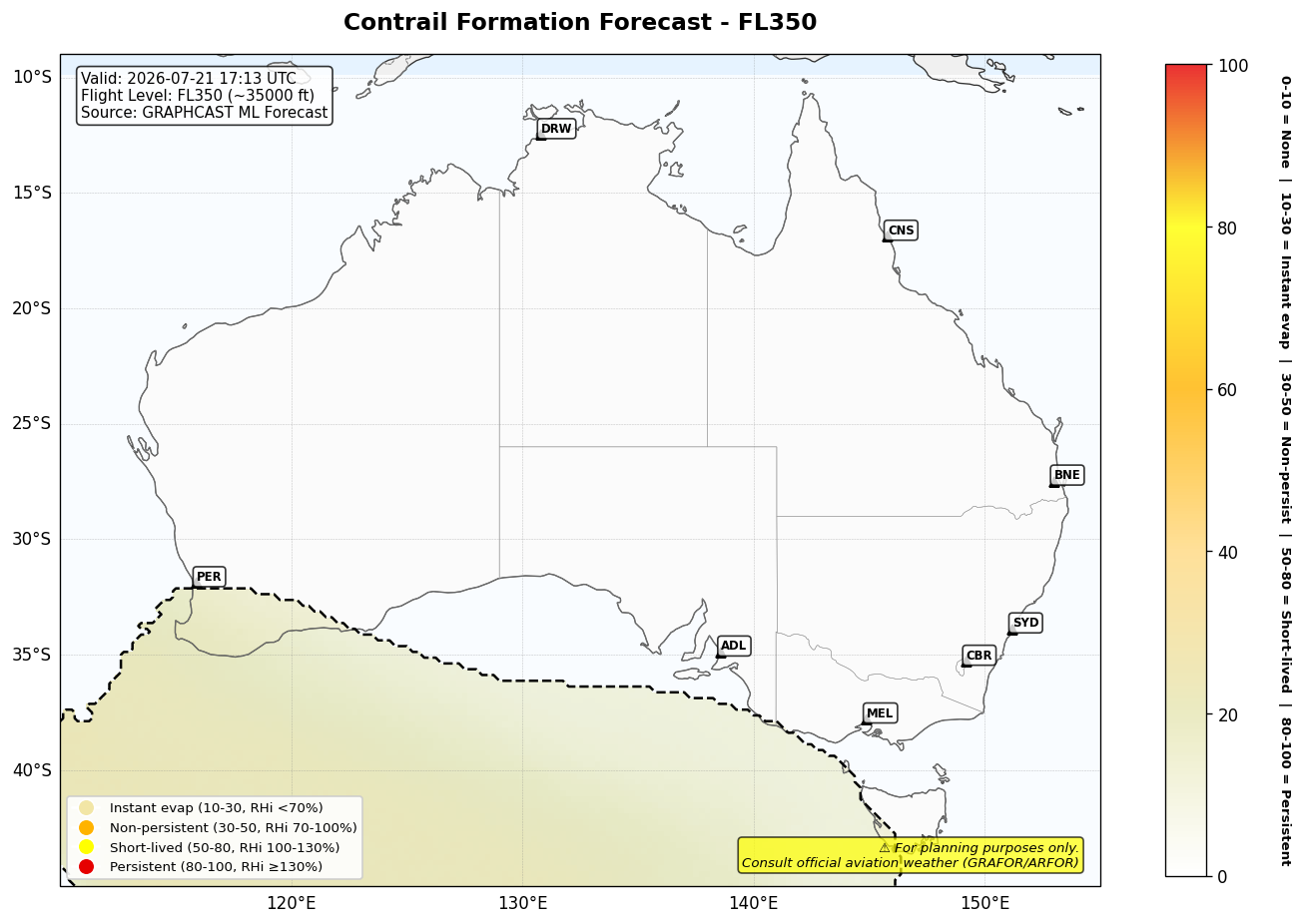 Contrail forecast for FL350 at 2026-07-21 17:13 UTC