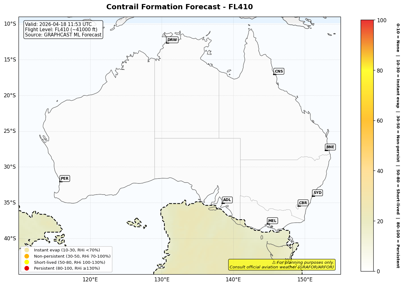 Contrail forecast for FL410 at 2026-04-18 11:53 UTC