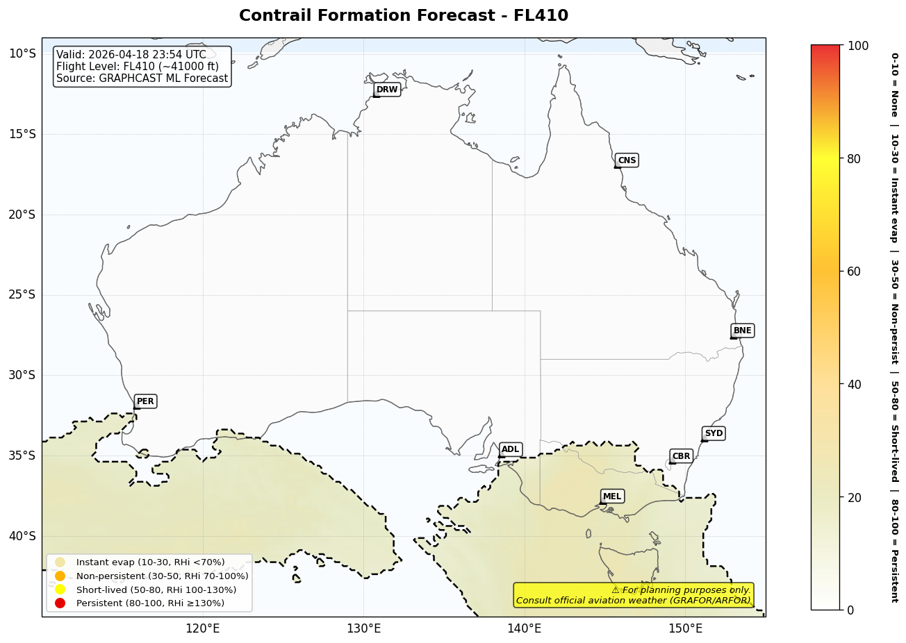 Contrail forecast for FL410 at 2026-04-18 23:54 UTC