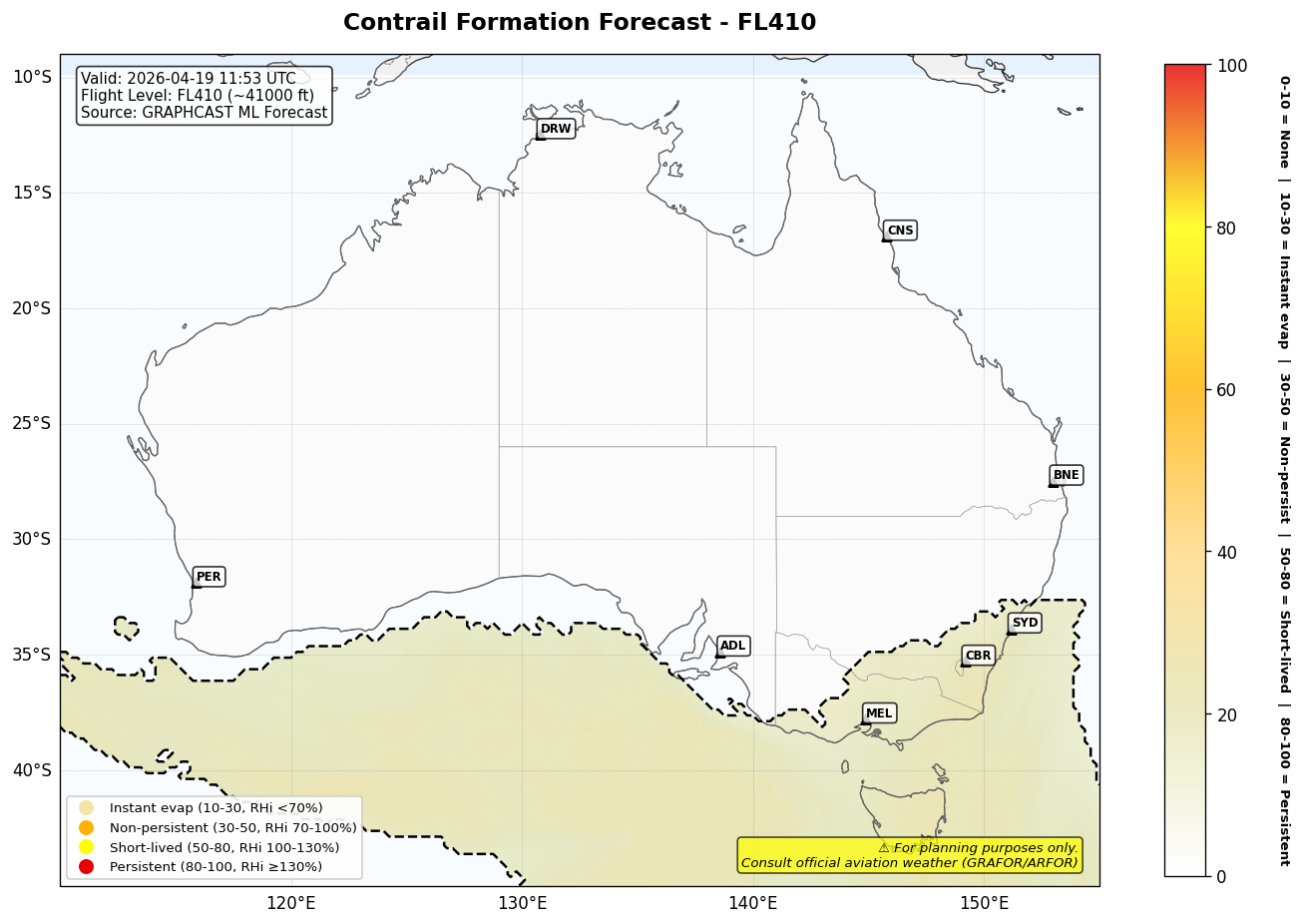 Contrail forecast for FL410 at 2026-04-19 11:53 UTC