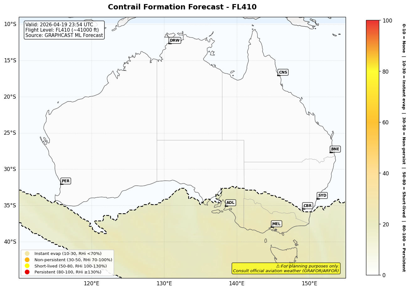 Contrail forecast for FL410 at 2026-04-19 23:54 UTC