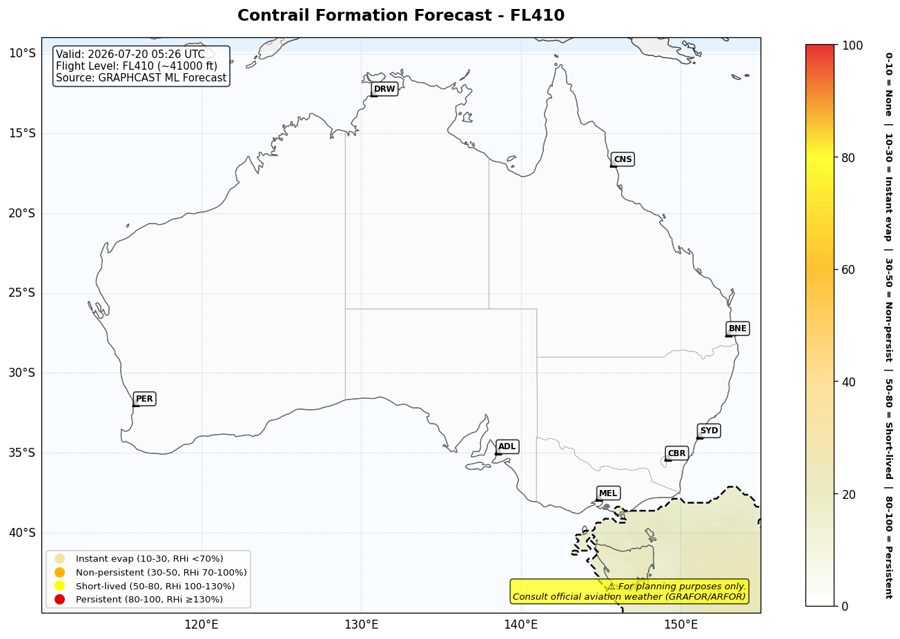 Contrail forecast for FL410 at 2026-07-20 05:26 UTC