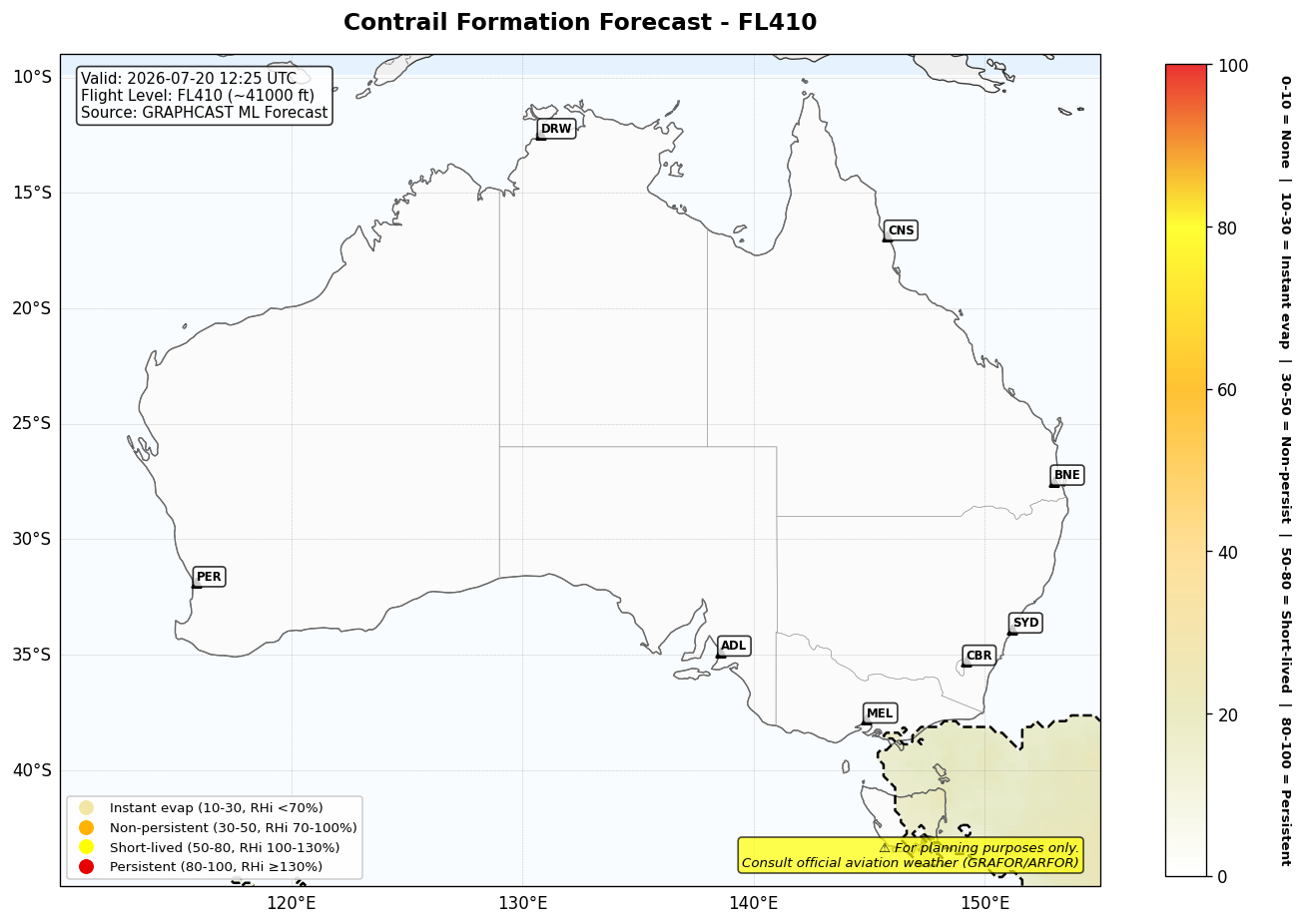 Contrail forecast for FL410 at 2026-07-20 12:25 UTC
