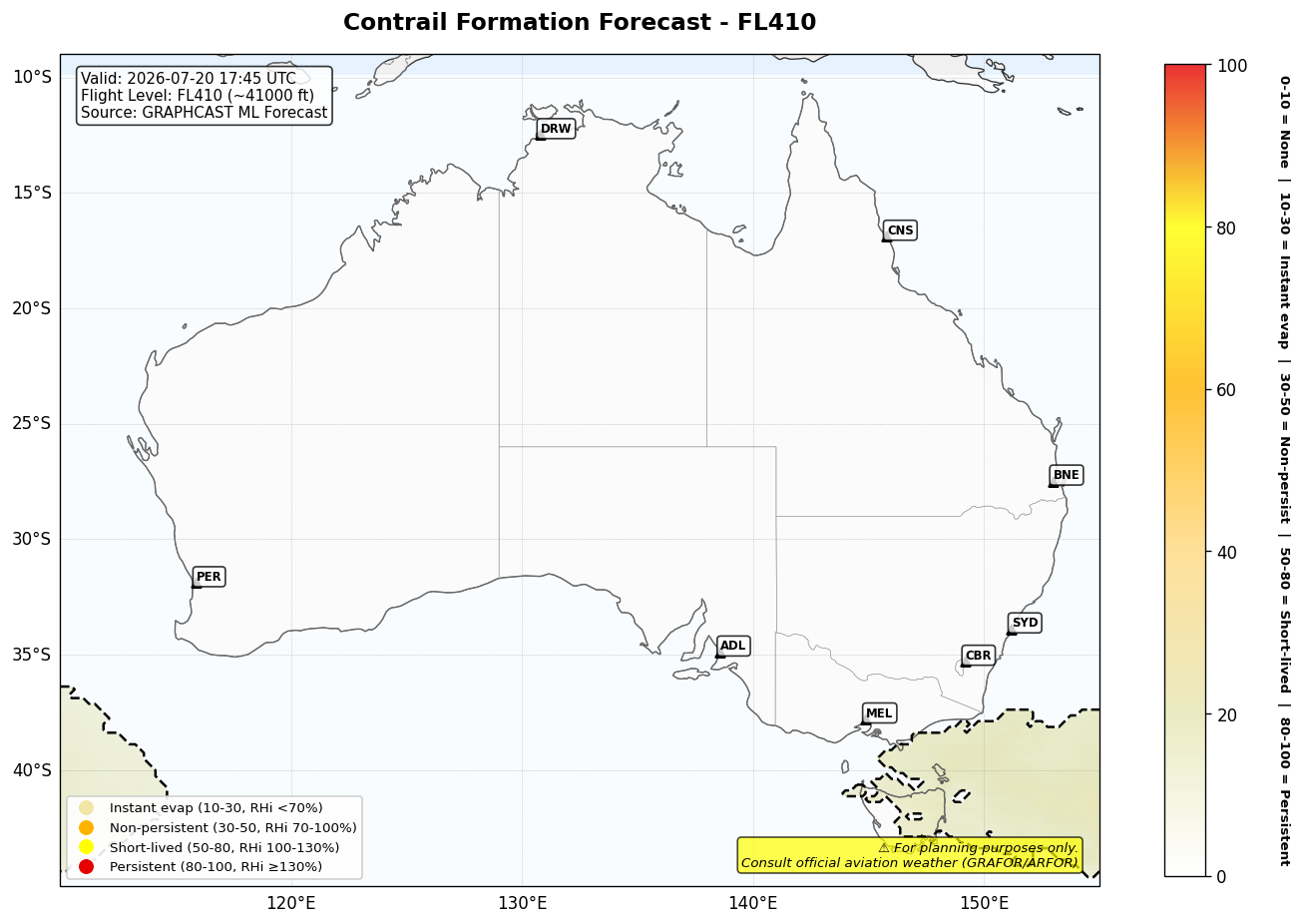 Contrail forecast for FL410 at 2026-07-20 17:45 UTC