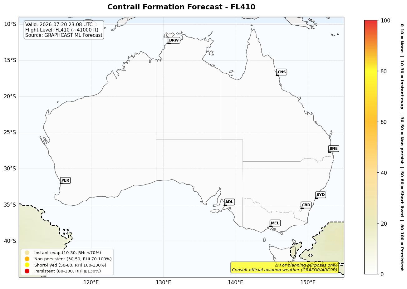 Contrail forecast for FL410 at 2026-07-20 23:08 UTC
