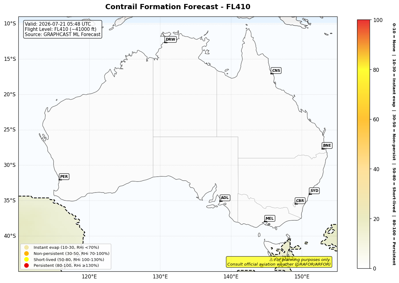 Contrail forecast for FL410 at 2026-07-21 05:48 UTC