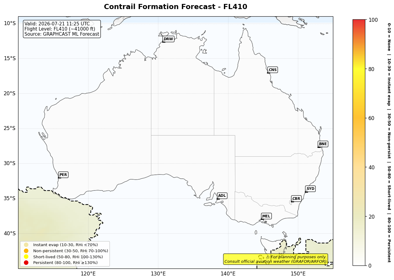 Contrail forecast for FL410 at 2026-07-21 11:25 UTC