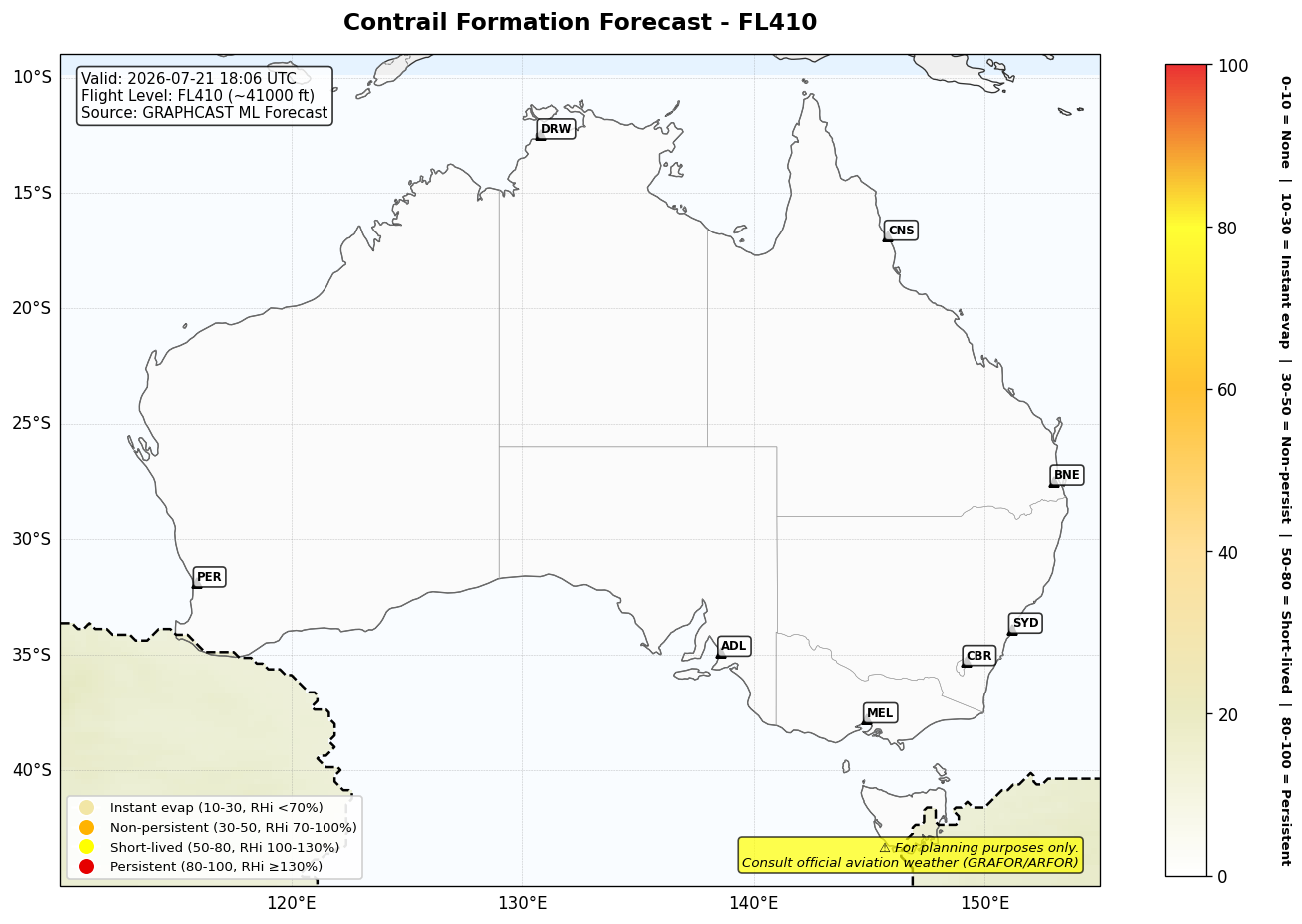 Contrail forecast for FL410 at 2026-07-21 18:06 UTC