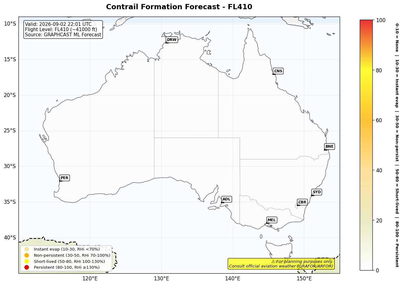 Contrail forecast for FL410 at 2026-09-02 22:01 UTC