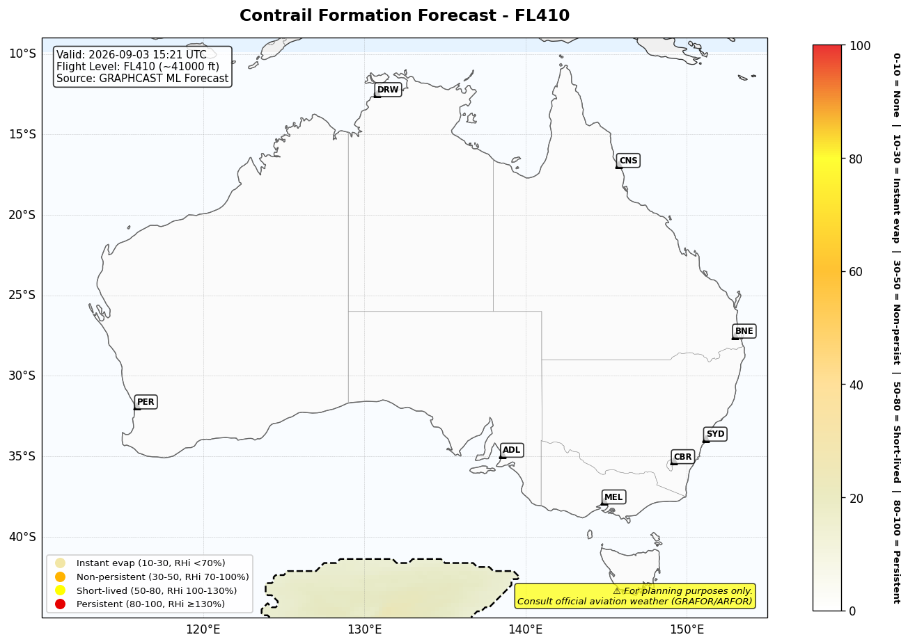 Contrail forecast for FL410 at 2026-09-03 15:21 UTC