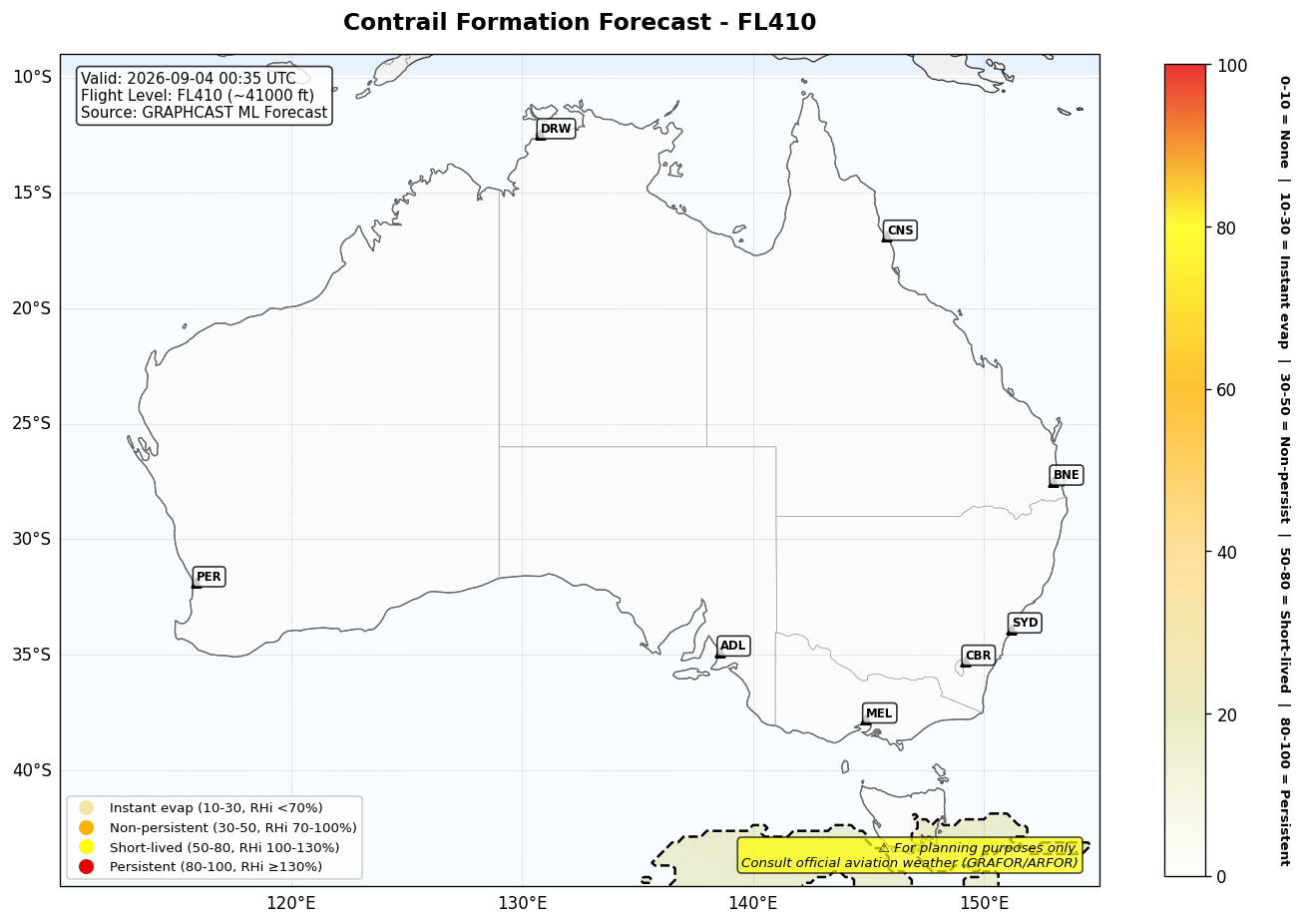 Contrail forecast for FL410 at 2026-09-04 00:35 UTC