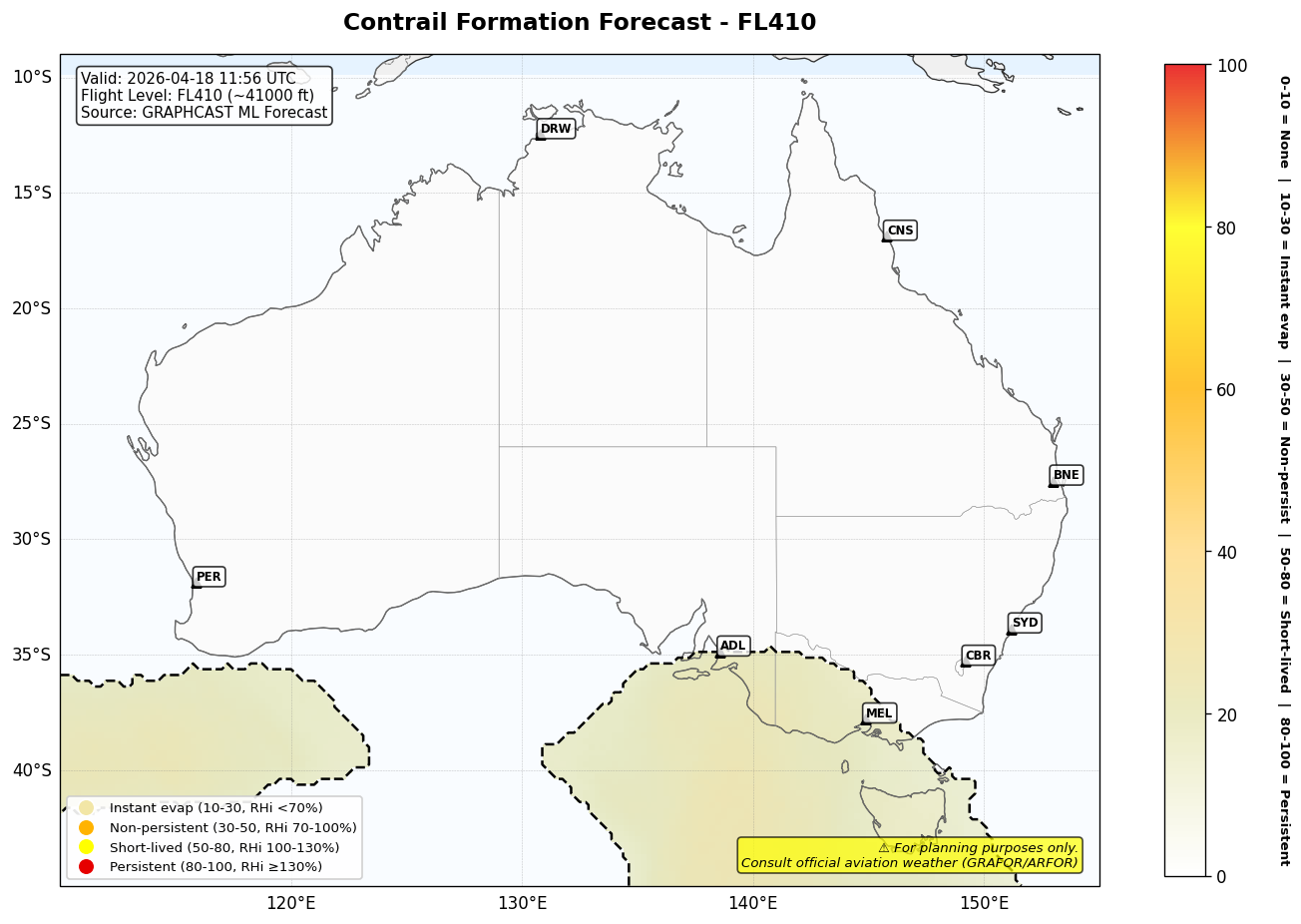 Contrail forecast for FL410 at 2026-04-18 11:56 UTC