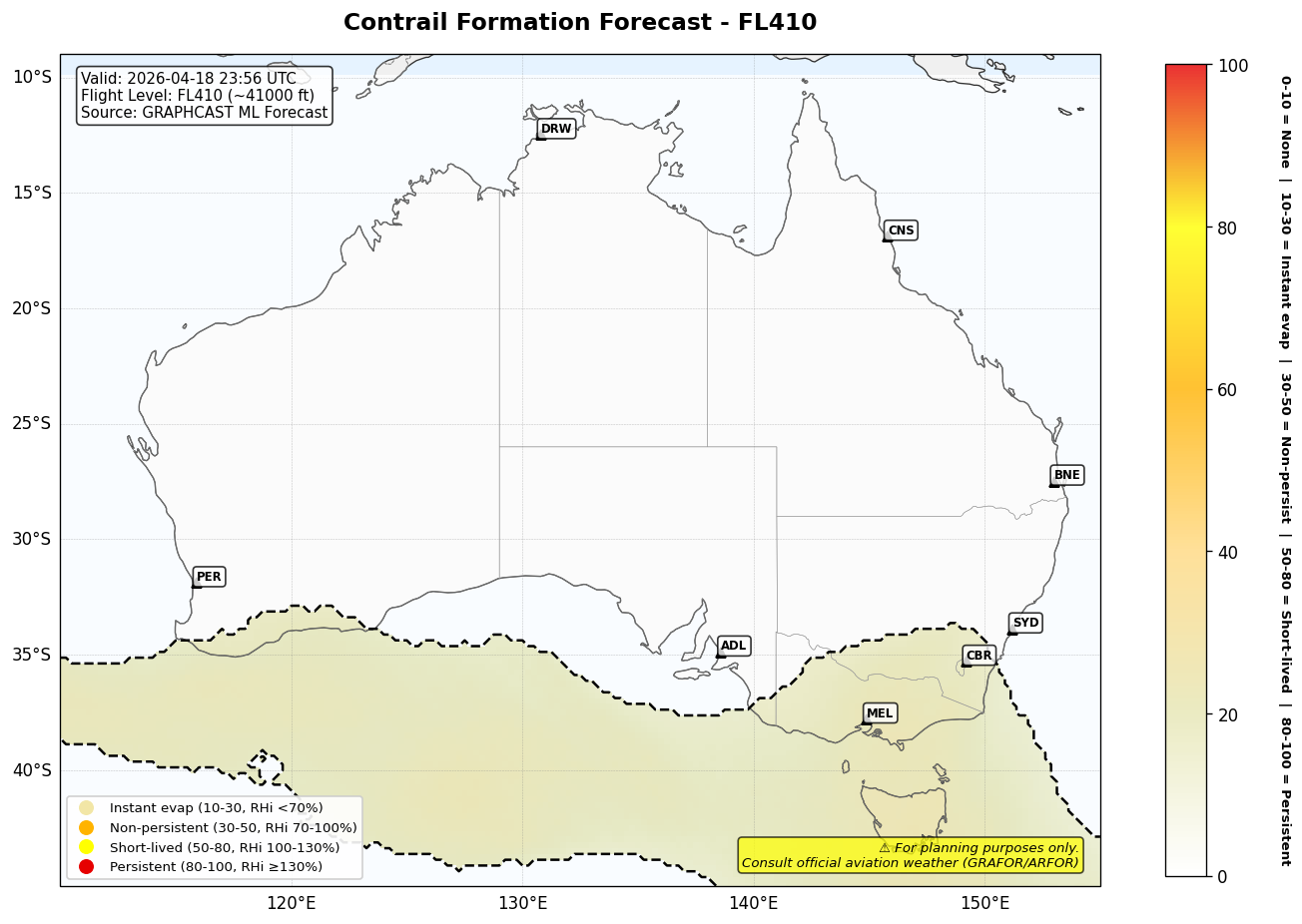 Contrail forecast for FL410 at 2026-04-18 23:56 UTC