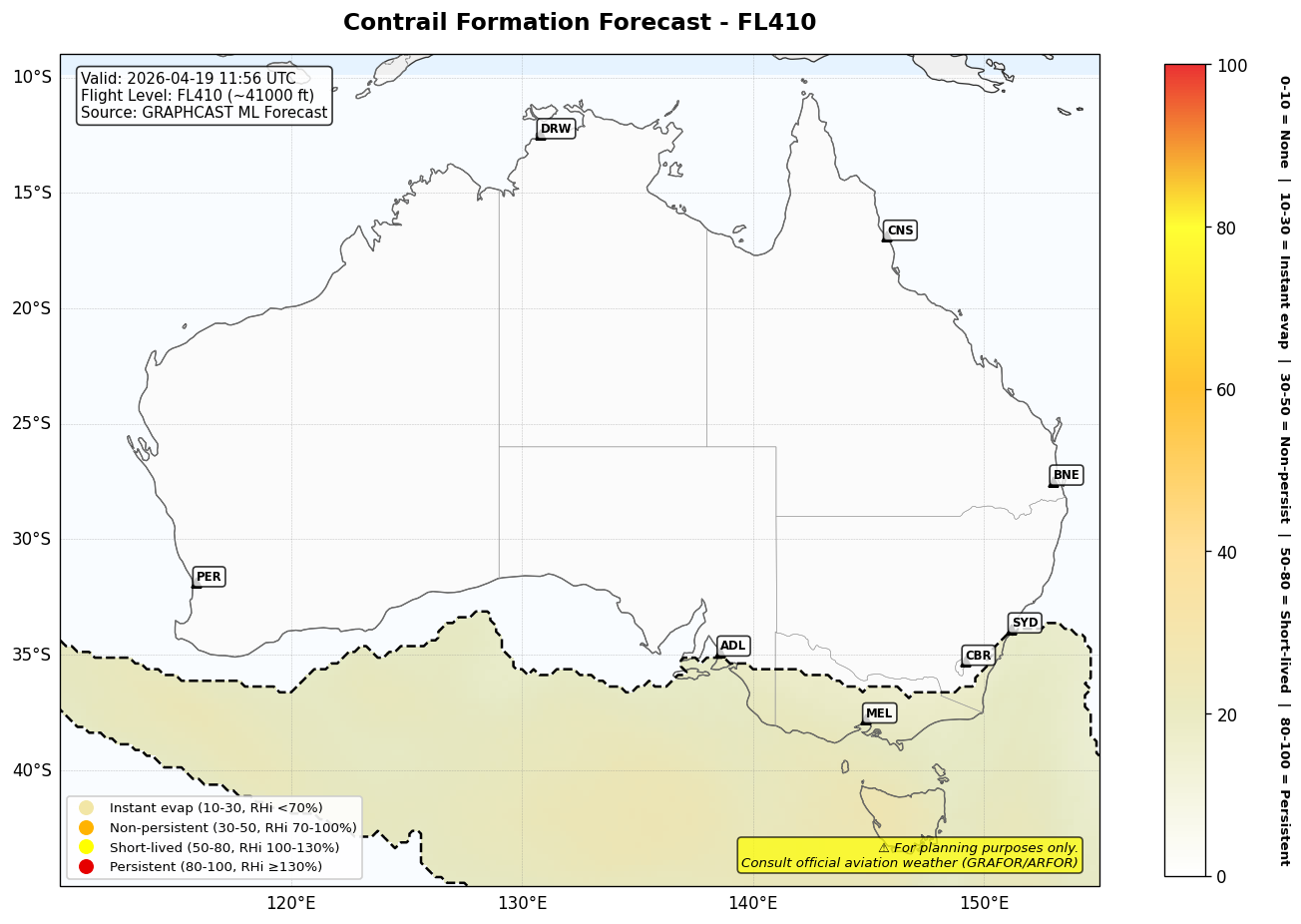 Contrail forecast for FL410 at 2026-04-19 11:56 UTC