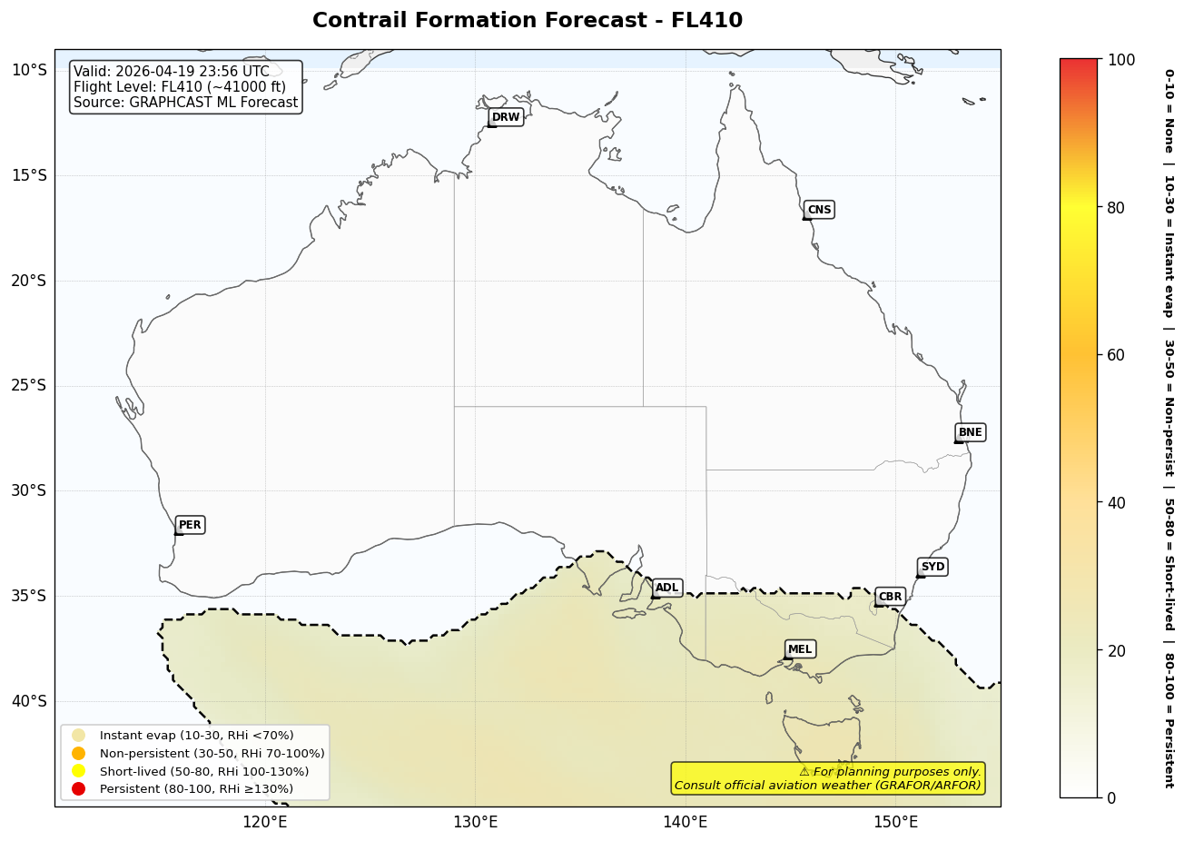 Contrail forecast for FL410 at 2026-04-19 23:56 UTC