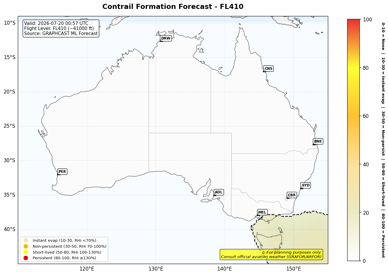 Contrail forecast for FL410 at 2026-07-20 00:57 UTC