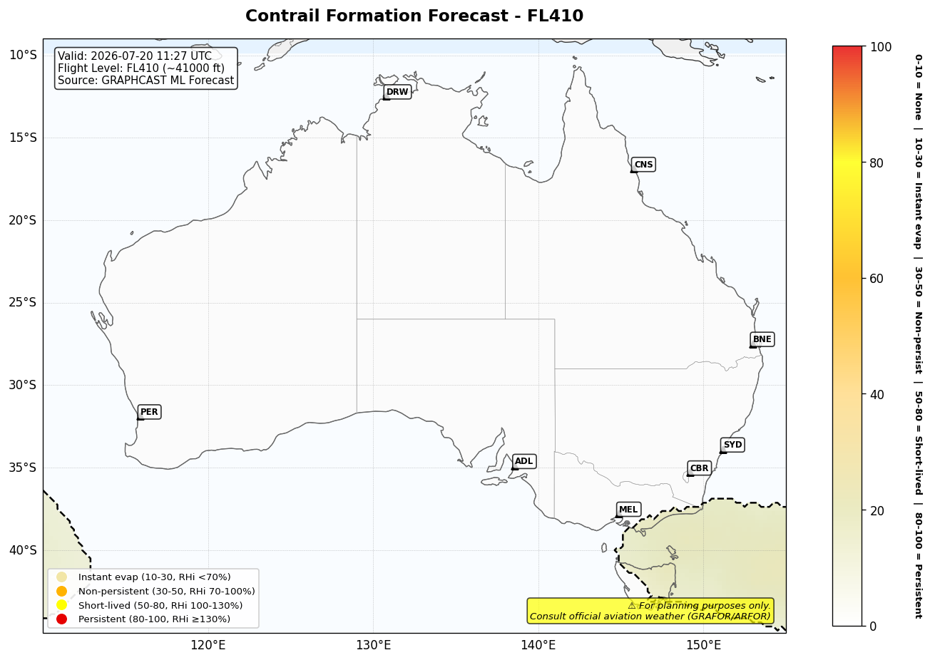 Contrail forecast for FL410 at 2026-07-20 11:27 UTC