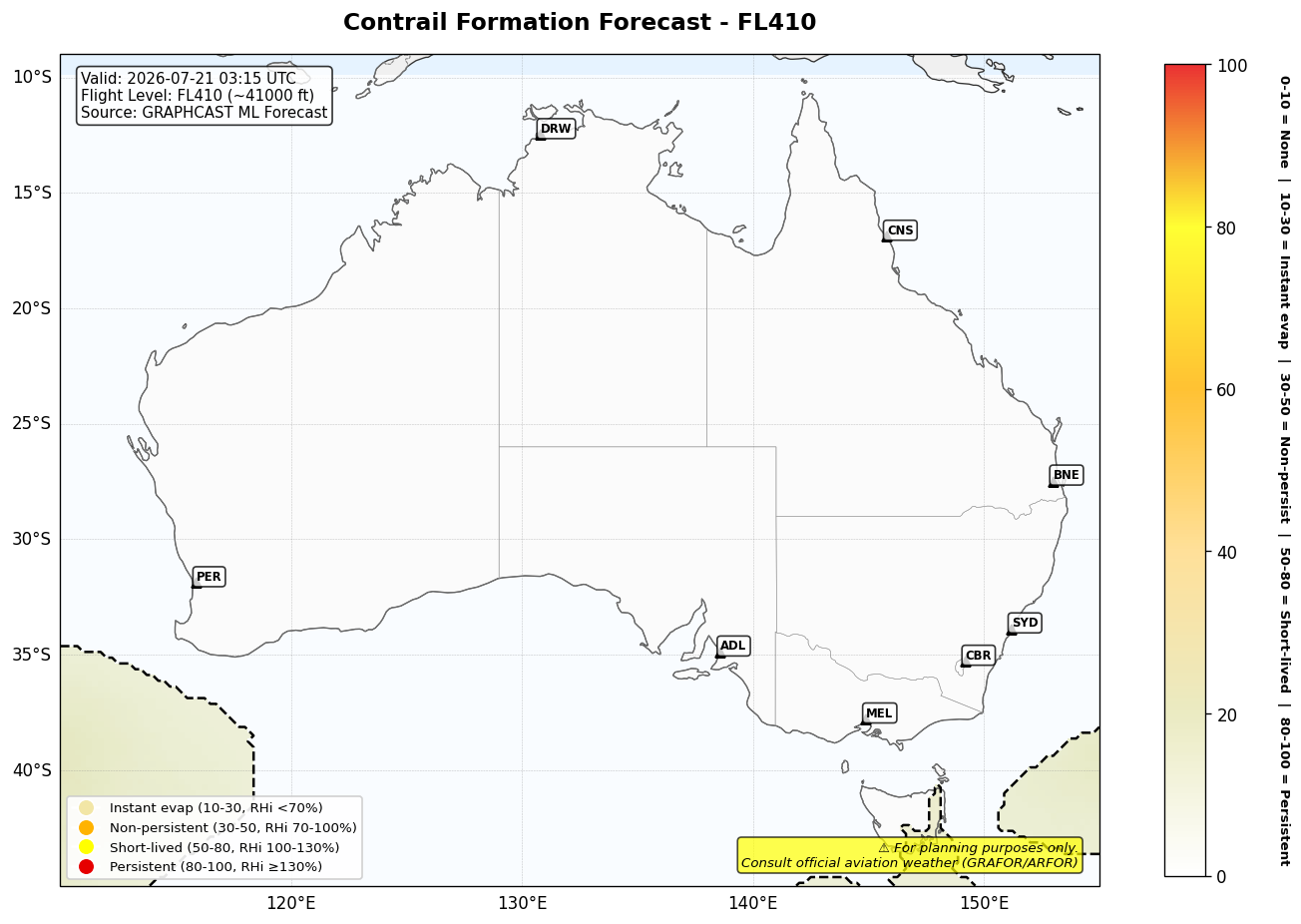 Contrail forecast for FL410 at 2026-07-21 03:15 UTC